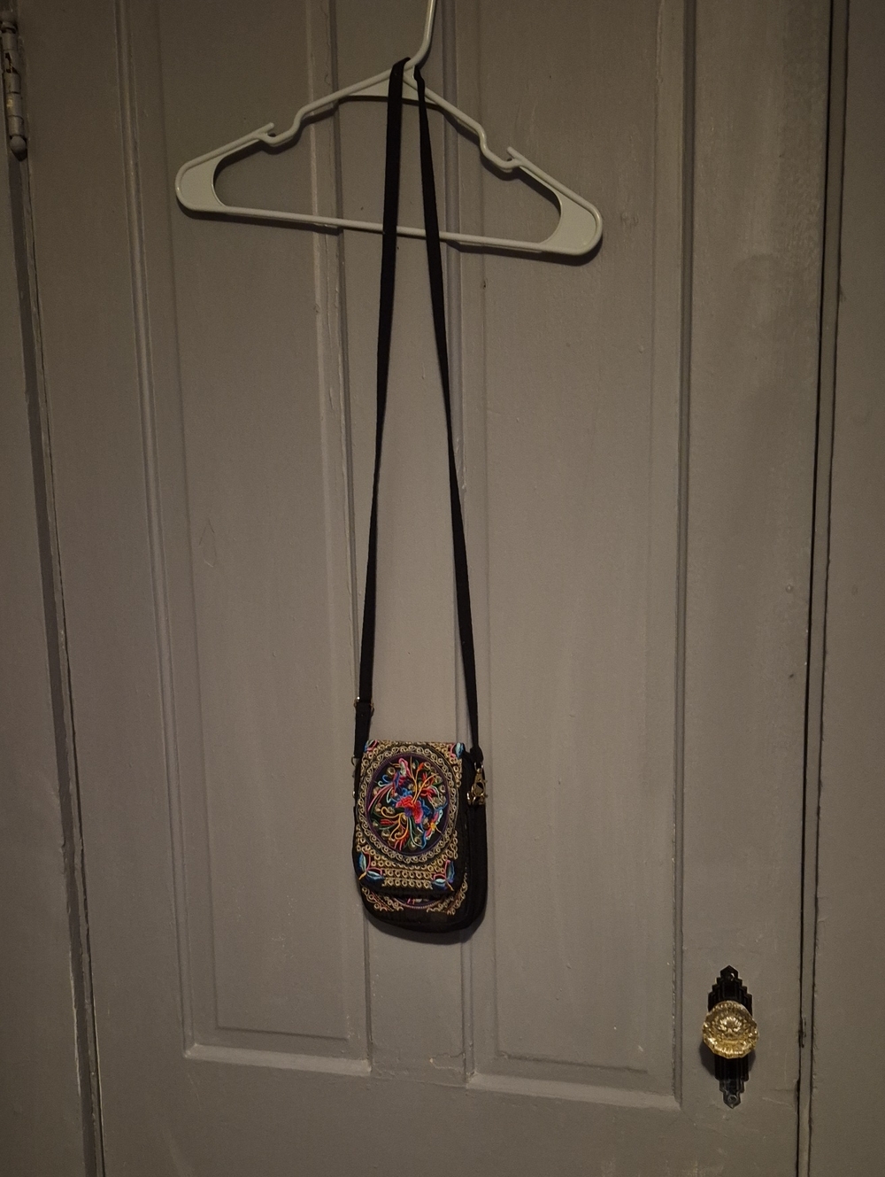 Black Embroidered Crossbody Bag with Multicolor Floral Medallion